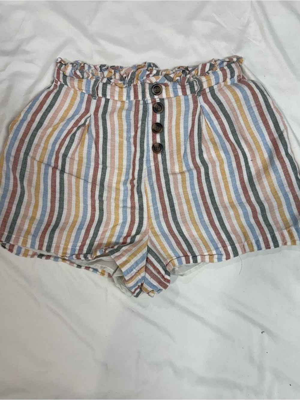 American Eagle Striped Paperbag Shorts Linen Blend Button Front Women XS